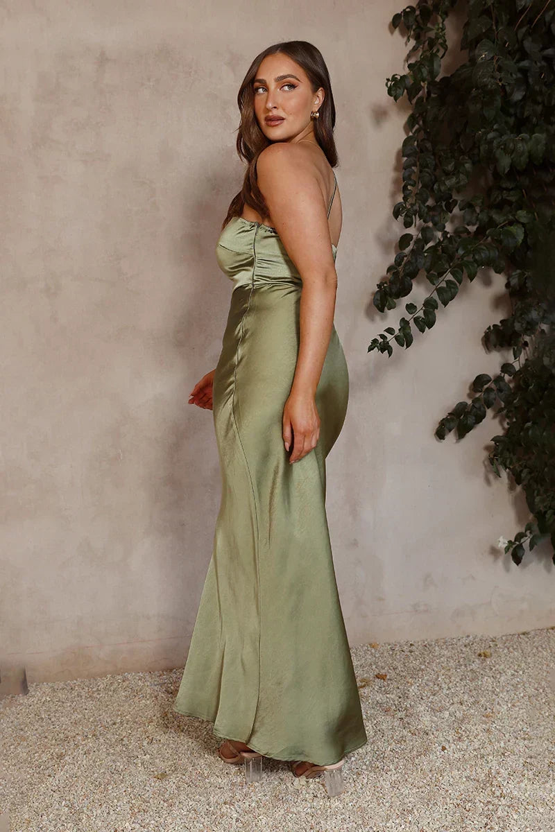 Satin Spaghetti Strap V-Neck Wrap High Split Maxi Gown - View 5