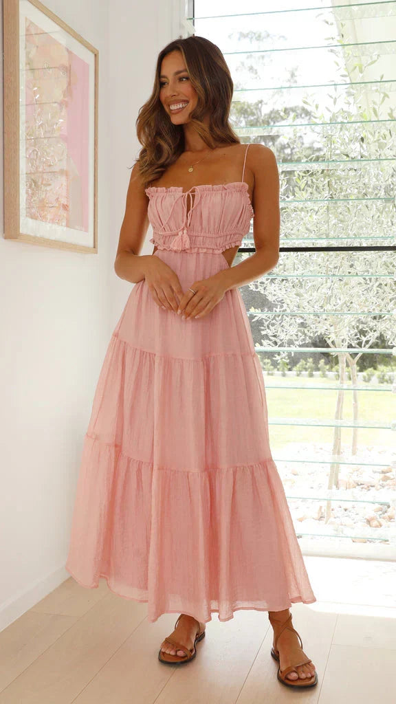 Spaghetti Strap Smocked Keyhole Tie Tassel Waist Maxi Dress - View 5