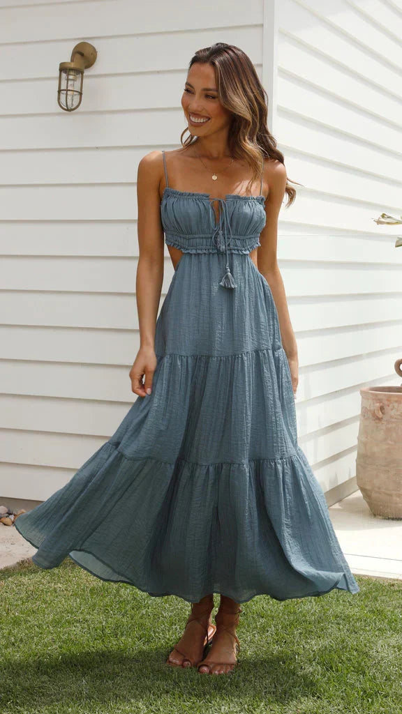 Spaghetti Strap Smocked Keyhole Tie Tassel Waist Maxi Dress - View 21