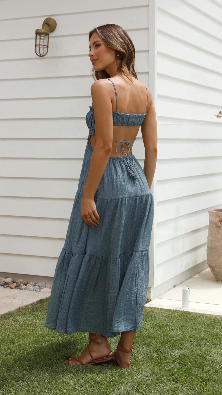 Spaghetti Strap Smocked Keyhole Tie Tassel Waist Maxi Dress - View 22