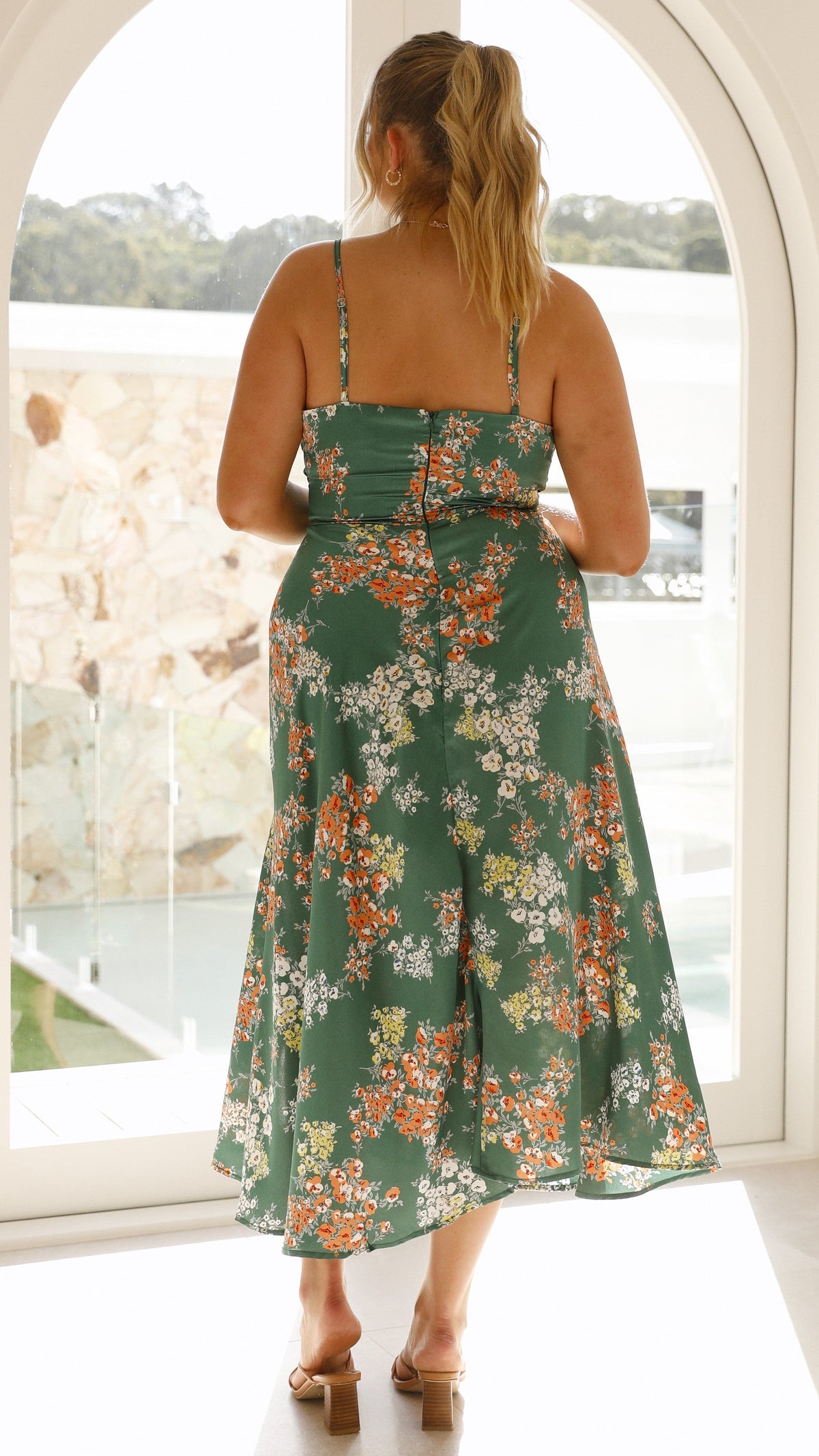 Floral Deep V-Neck Spaghetti Strap Tie Front High Split Midi Dress - View 19