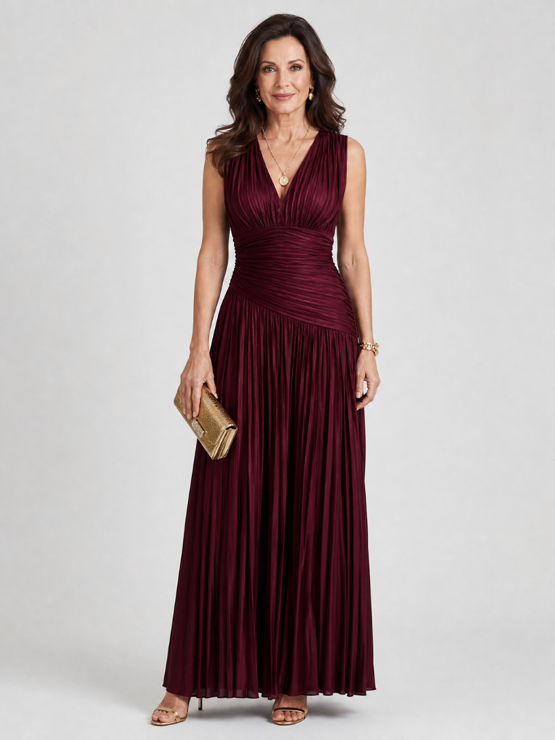 V-Neck Sleeveless Ruched Pleated Maxi Gown