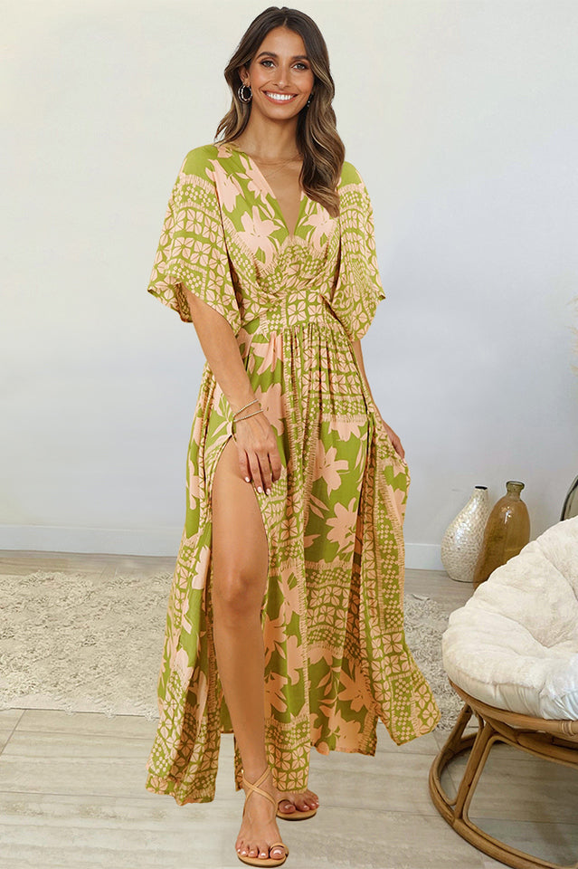 Leopard Print Deep V-Neck Short Sleeve High Split Maxi Dress 6