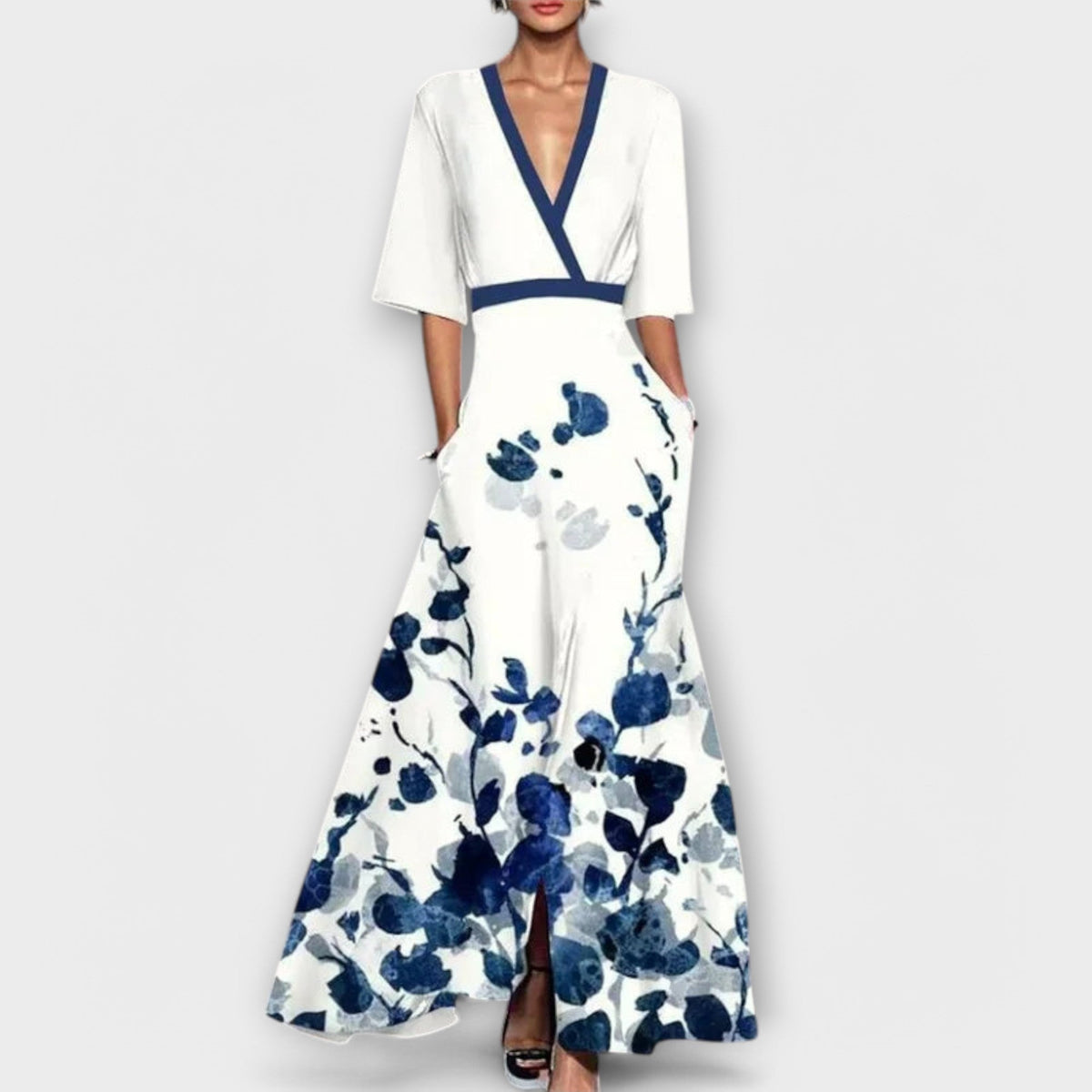 Deep V-Neck Wrap Bodice 3/4 Sleeve Belted A-Line Maxi Dress - View 5
