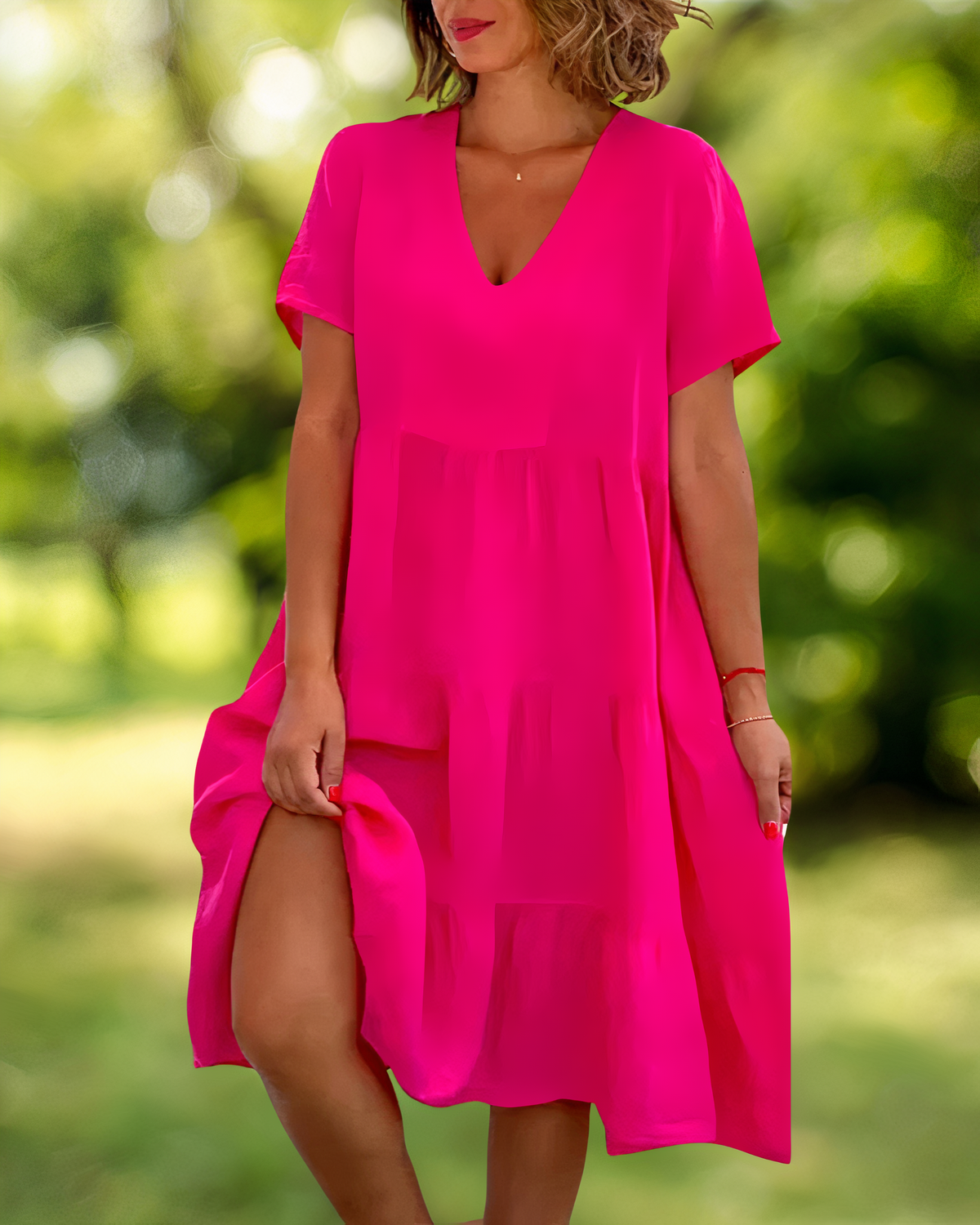 V-Neck Short Sleeve Tiered Babydoll Knee Length Summer Dress - View 2