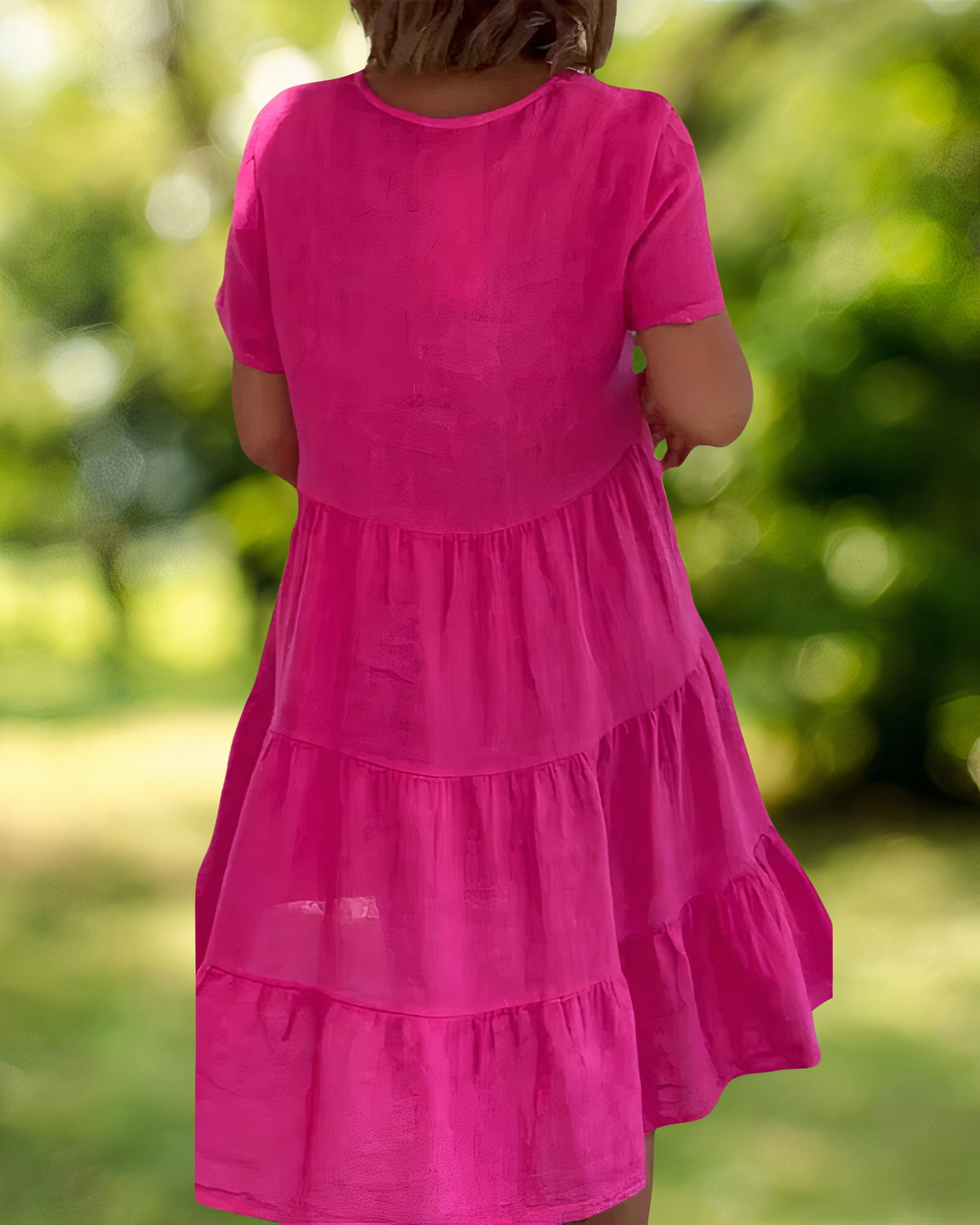 V-Neck Short Sleeve Tiered Babydoll Knee Length Summer Dress - View 3