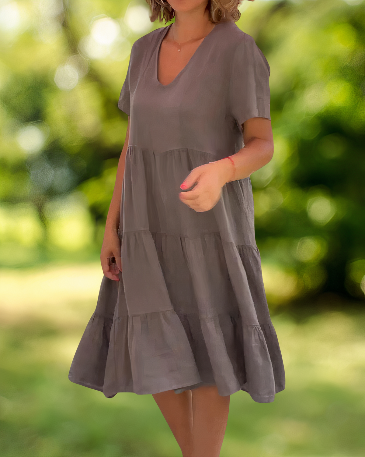 V-Neck Short Sleeve Tiered Babydoll Knee Length Summer Dress - View 4