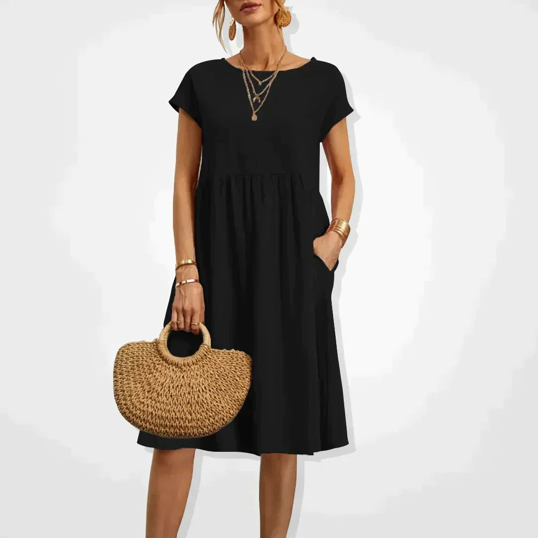 Short Sleeve Empire Waist Gathered Pocket Knee Length Summer Dress - View 2
