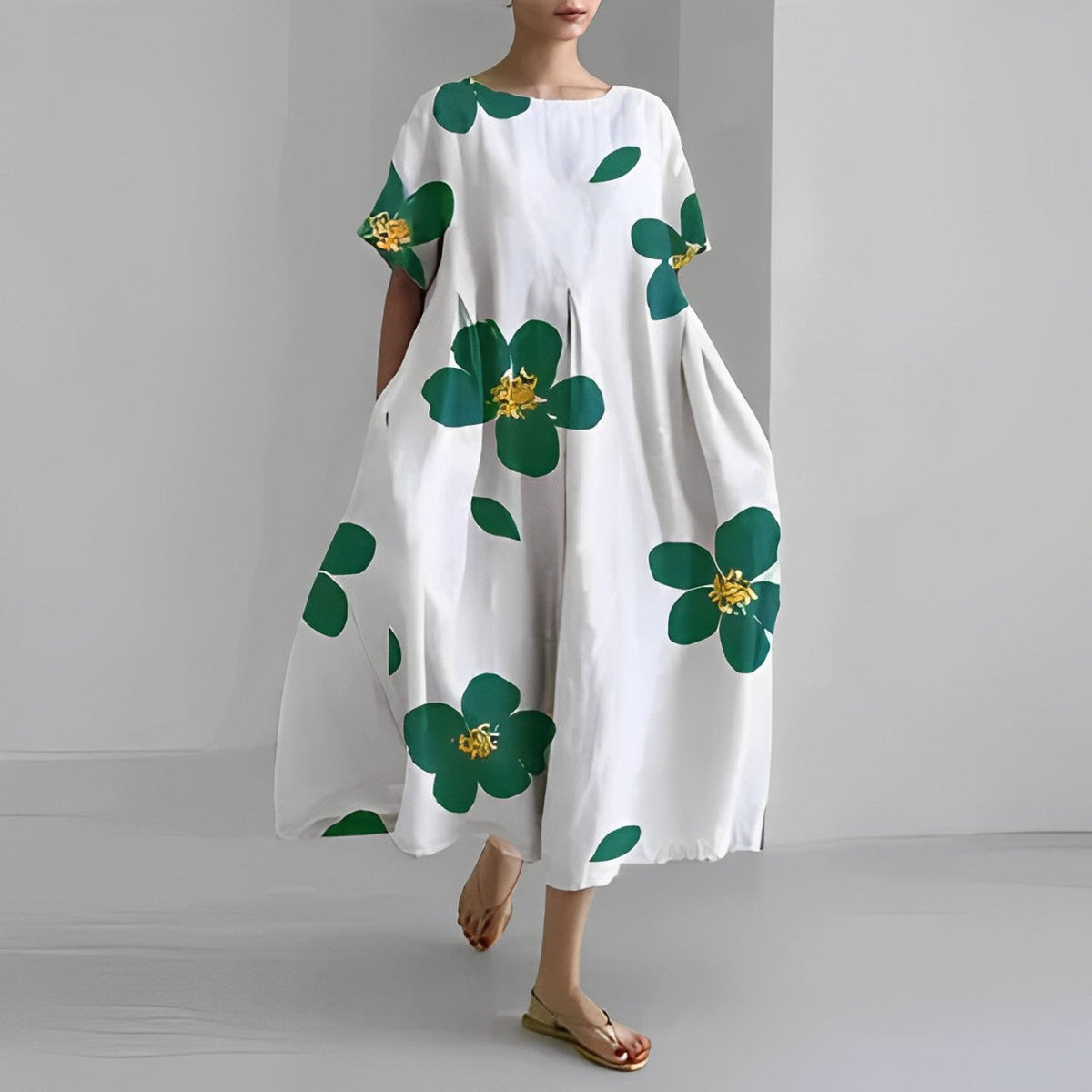 Floral Print Short Sleeve Pocket Pleated Midi Dress 2