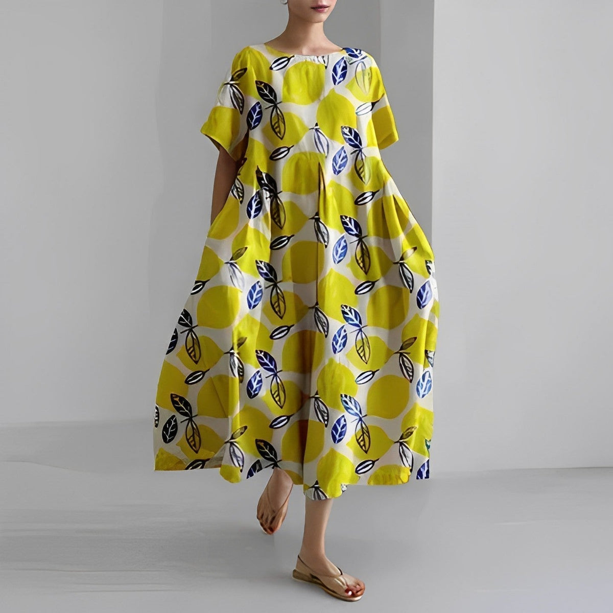 Floral Print Short Sleeve Pocket Pleated Midi Dress 5
