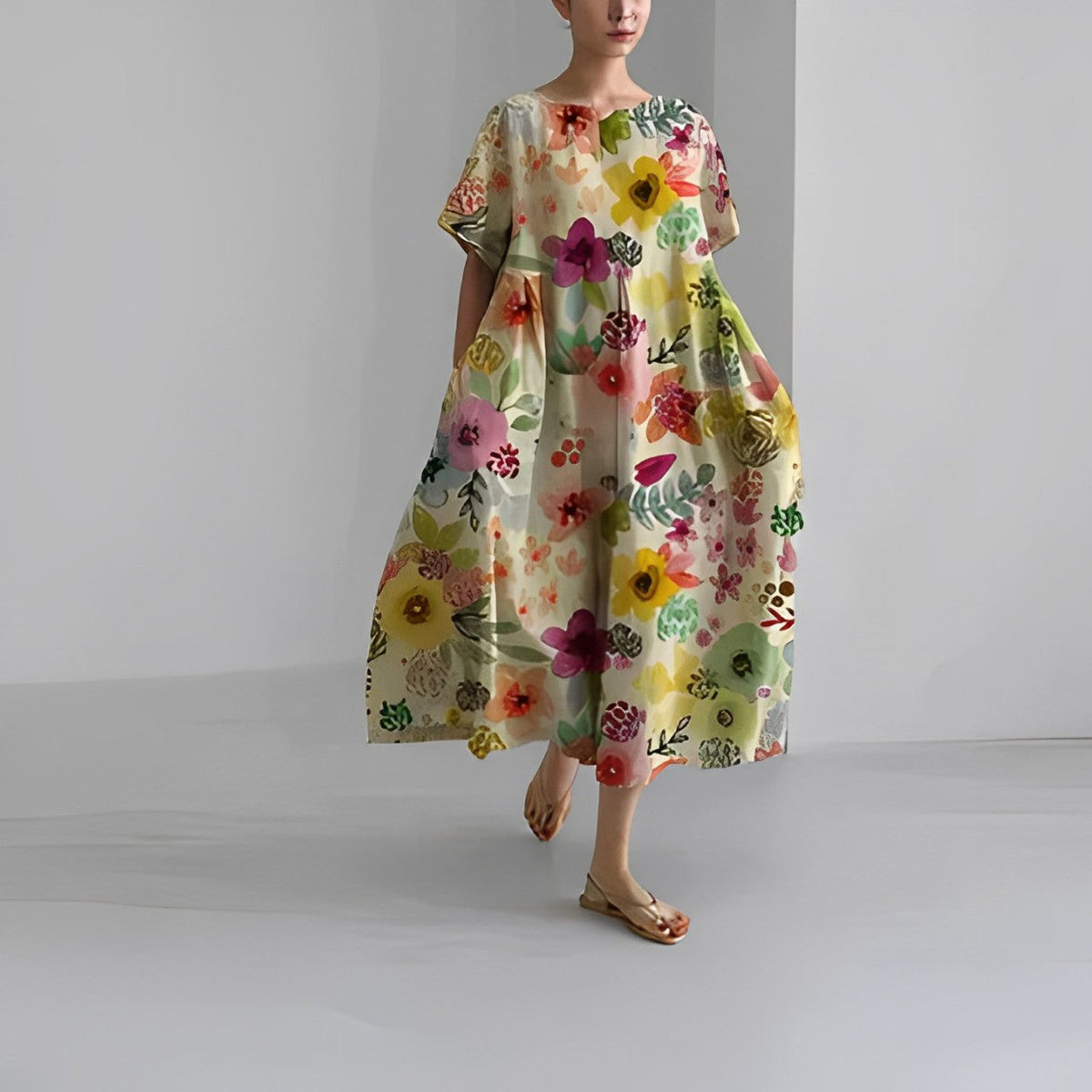 Floral Print Short Sleeve Pocket Pleated Midi Dress 7