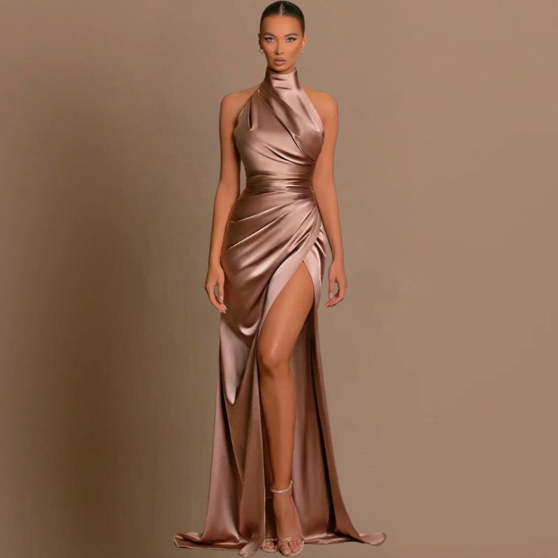 Satin Halter Neck Ruched Wrap High Split Maxi Gown - View 5