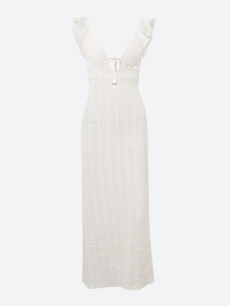 Lace Backless Plunge Neck Maxi Dress in White - View 3