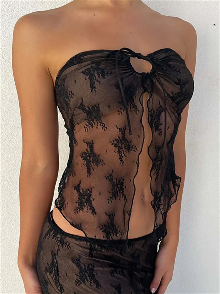 Strapless Off-Shoulder Corset Sheer Mesh Corset Crop Top