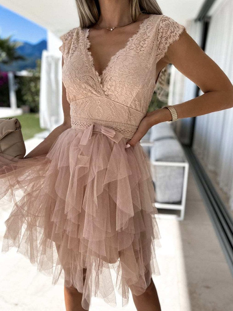 Lace Deep V-Neck Cap Sleeve Bow Waist Tiered Tulle Mini Dress - View 5