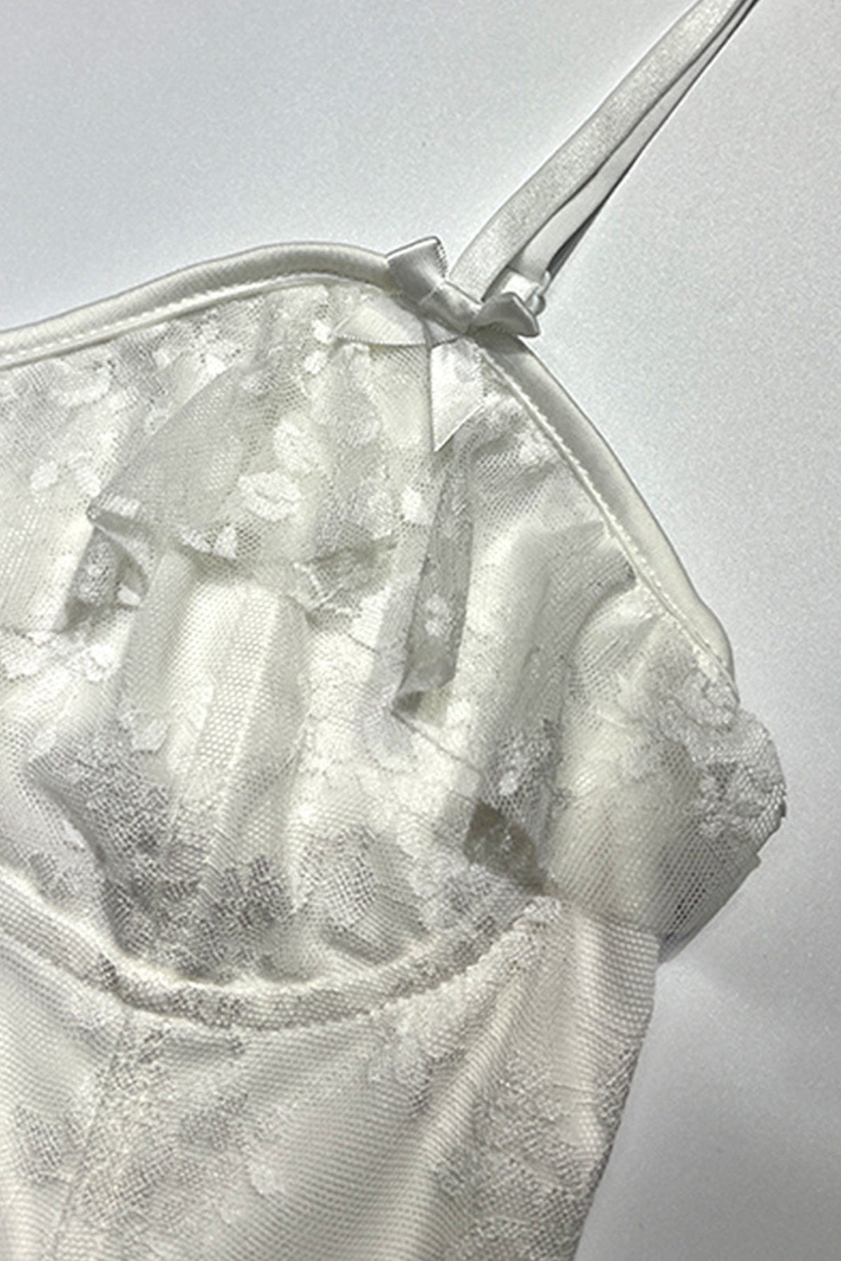 Lace Tiered Ruched Cami Dress in White - View 8