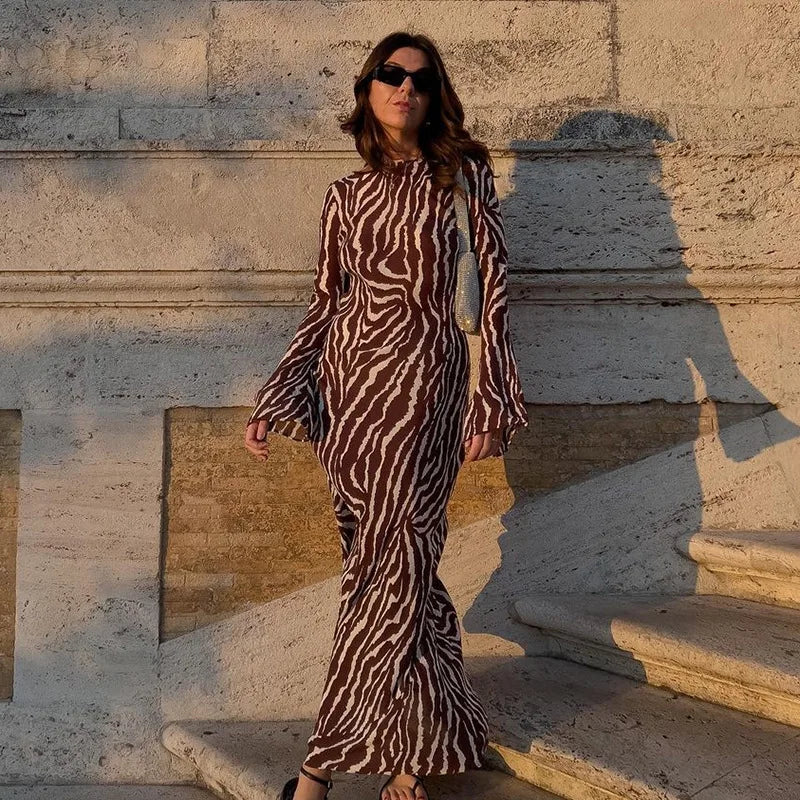Chiffon Floral Print Long Sleeve Maxi Summer Dress