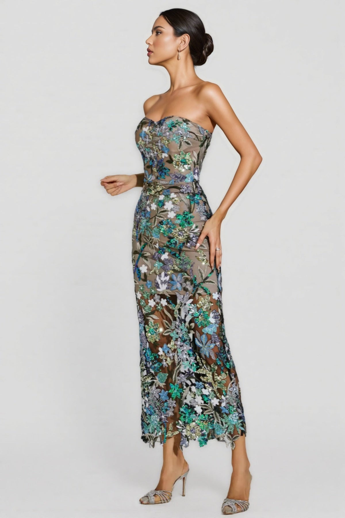 Floral Sequin Strapless Sheer Mesh Bodycon Maxi Dress - View 6