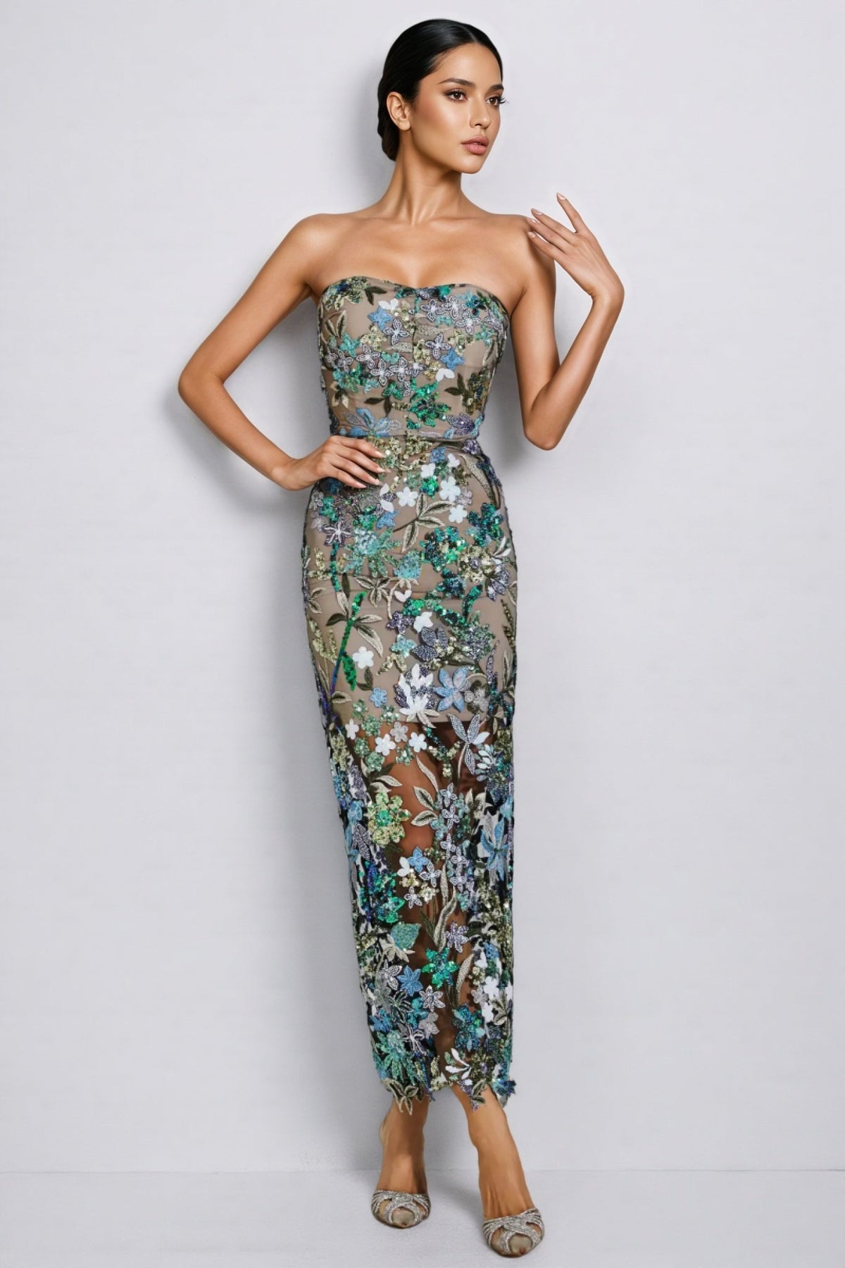 Floral Sequin Strapless Sheer Mesh Bodycon Maxi Dress - View 2
