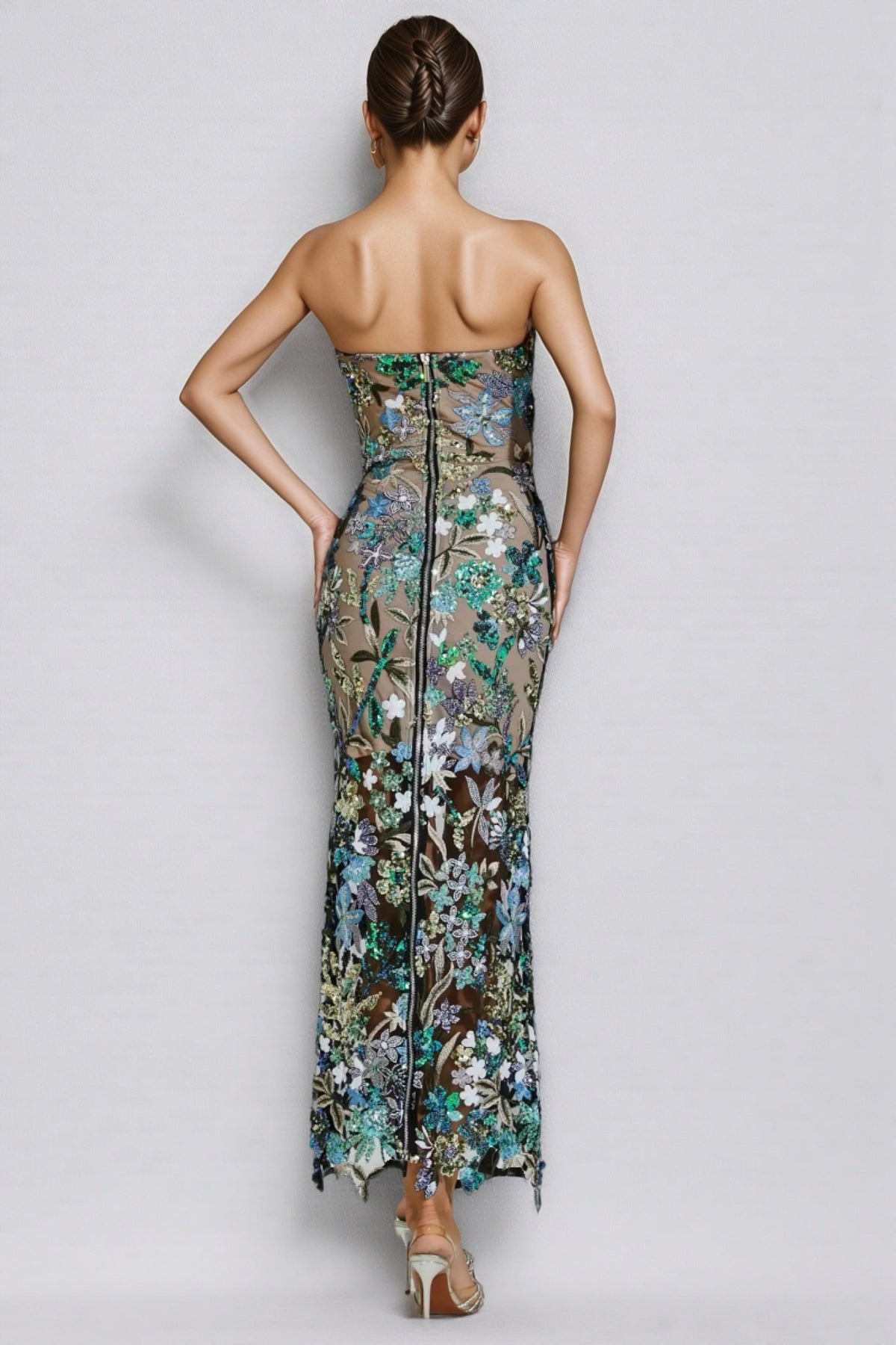 Floral Sequin Strapless Sheer Mesh Bodycon Maxi Dress - View 7