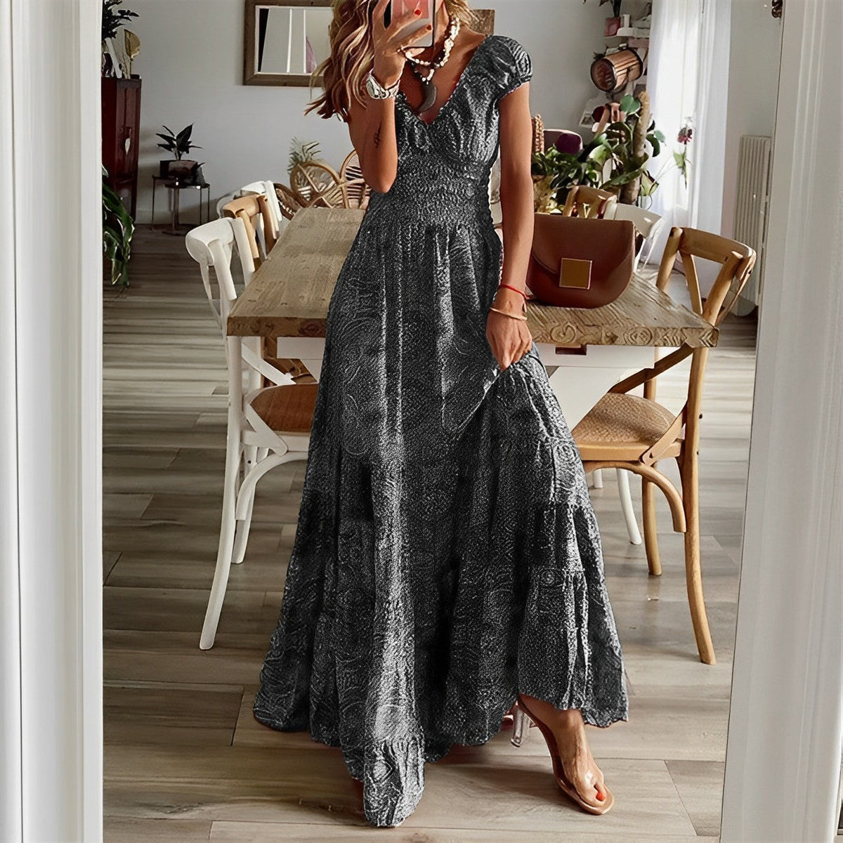 Paisley Print Deep V-Neck Cap Sleeve Smocked Bodice Tiered Dress - View 3