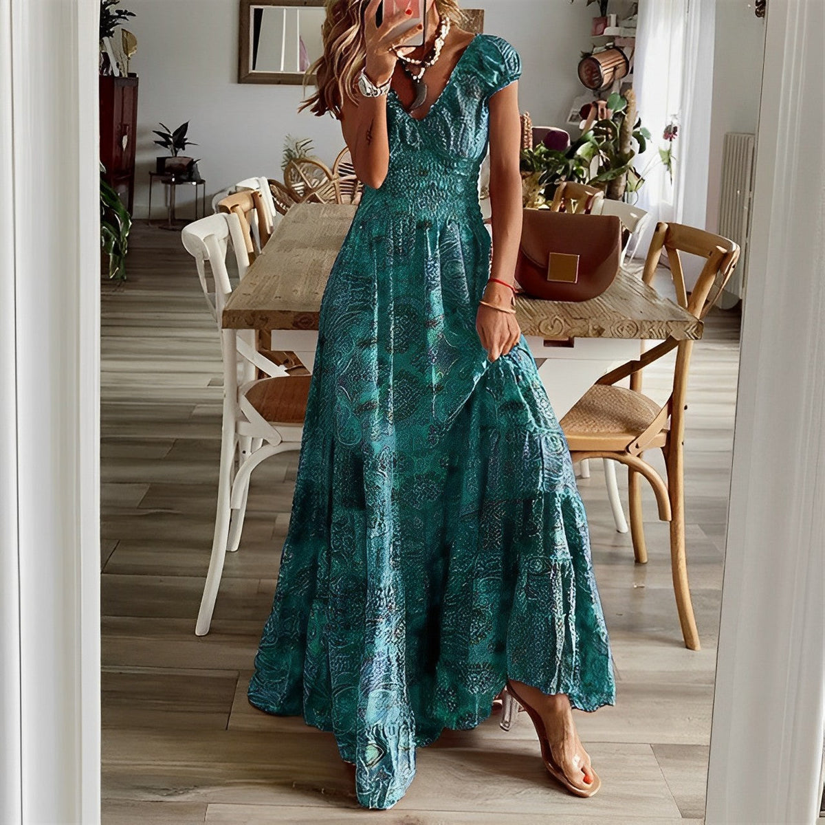Paisley Print Deep V-Neck Cap Sleeve Smocked Bodice Tiered Dress - View 4