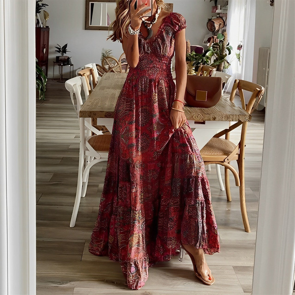 Paisley Print Deep V-Neck Cap Sleeve Smocked Bodice Tiered Dress