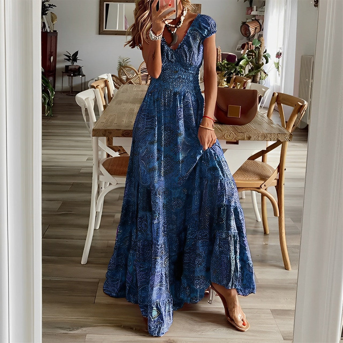 Paisley Print Deep V-Neck Cap Sleeve Smocked Bodice Tiered Dress - View 2