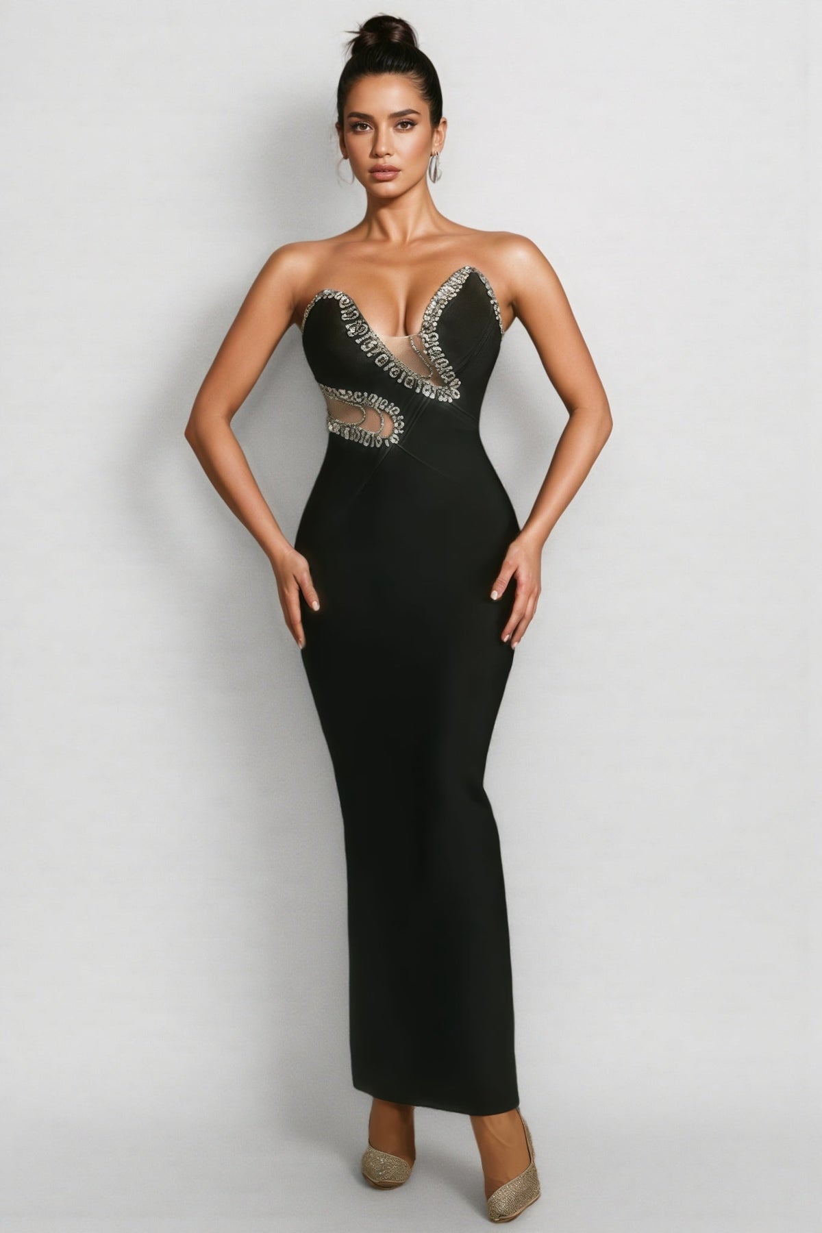 Zephil Strapless Crystal Bandage Maxi Dress