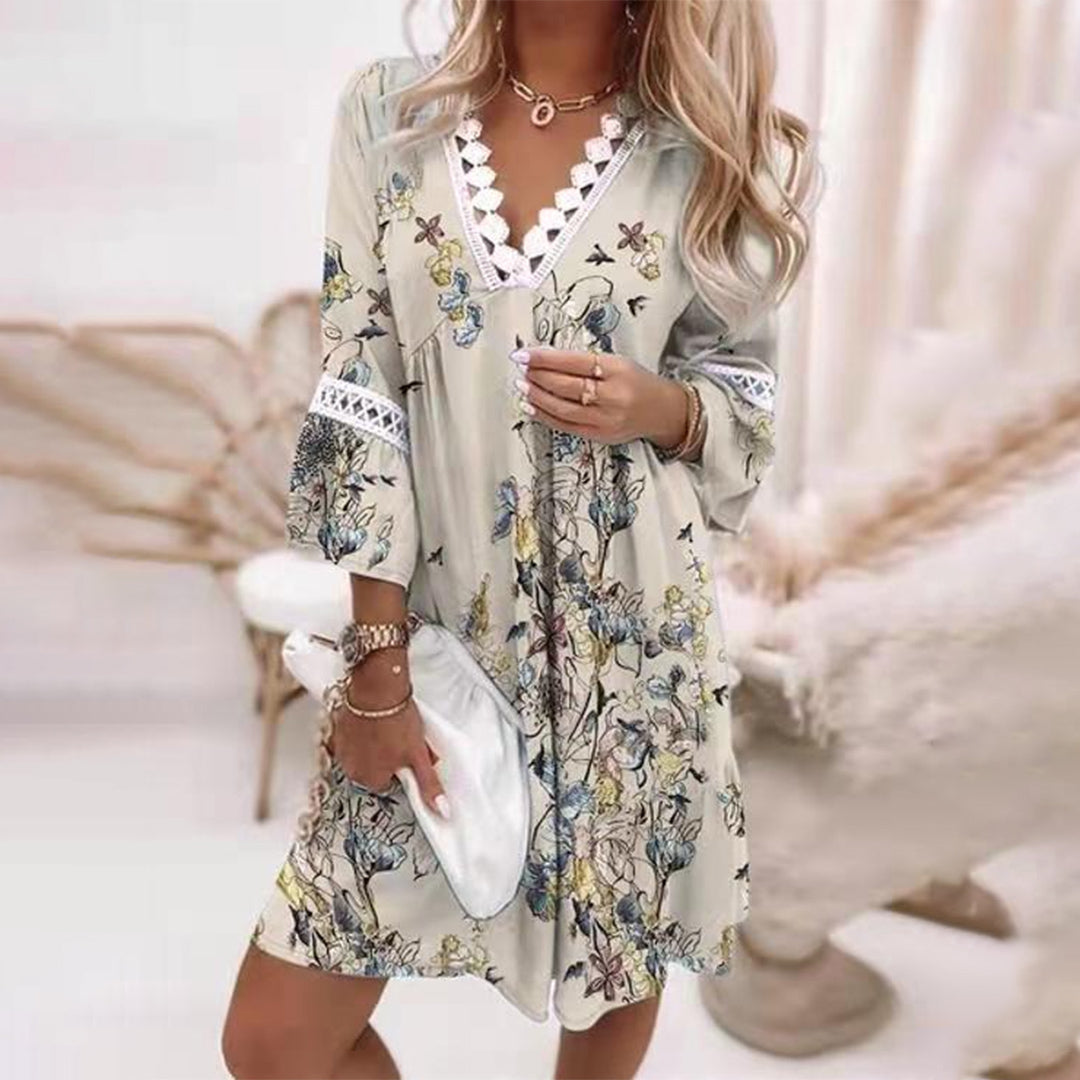 Floral Print Crochet Lace Trim Deep V-Neck Long Sleeve Mini Dress - View 5