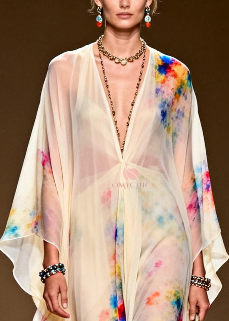Tie Dye Deep V-Neck Sleeve High Split Sheer Chiffon Maxi Gown - View 2