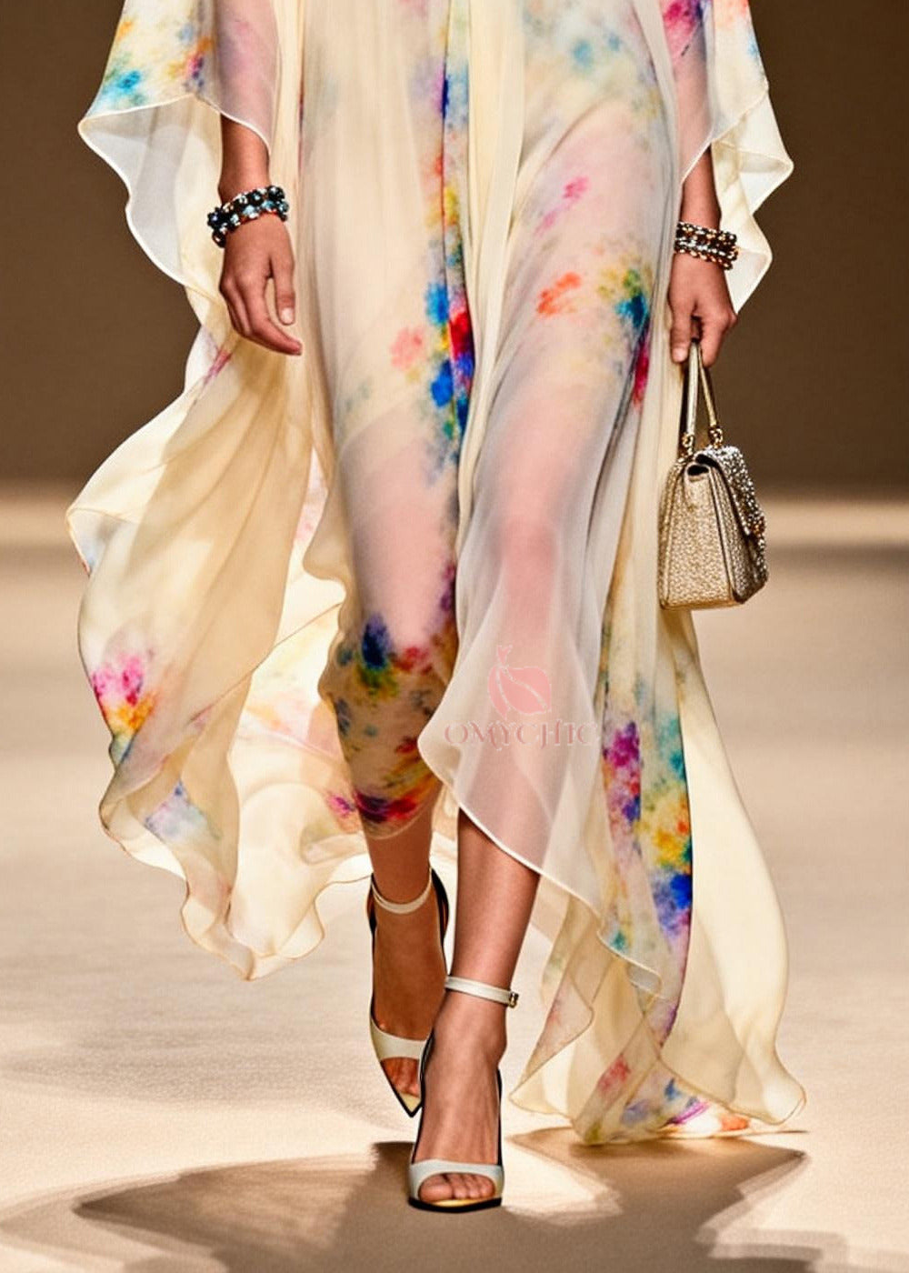 Tie Dye Deep V-Neck Sleeve High Split Sheer Chiffon Maxi Gown - View 4