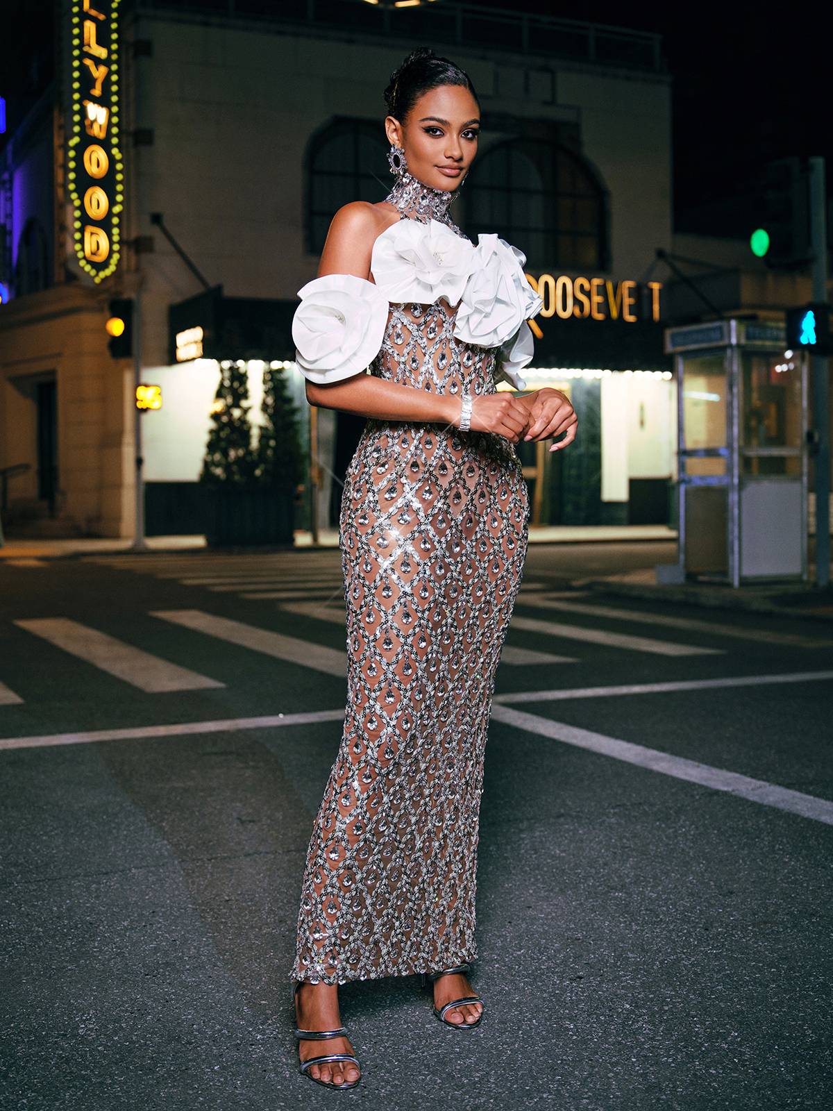 Sequin High Neck 3D Rose Ruffle Mermaid Maxi Dress - View 5