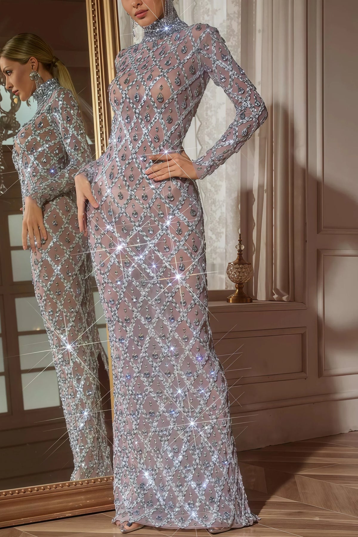 Sequin Crystal High Neck Long Sleeve Sheer Yoke Mermaid Maxi Gown - View 4