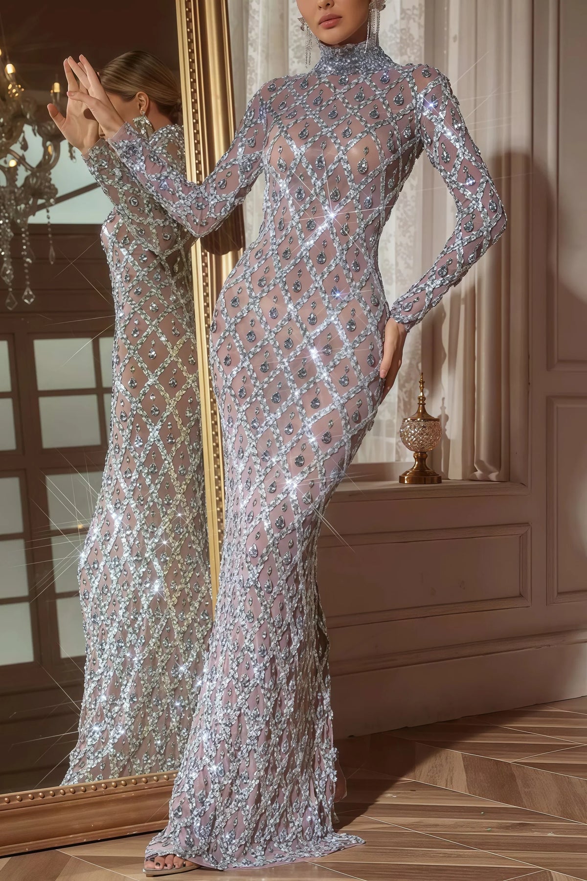 Sequin Crystal High Neck Long Sleeve Sheer Yoke Mermaid Maxi Gown - View 3