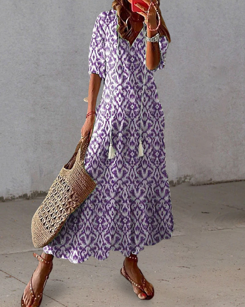 Geometric Print V-Neck Puff Sleeve Tiered Maxi Dress 11