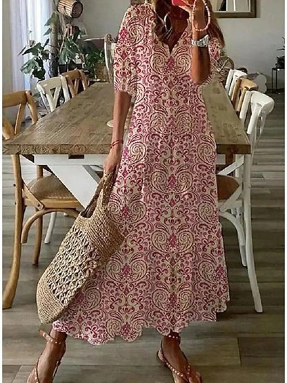 Geometric Print V-Neck Puff Sleeve Tiered Maxi Dress 12