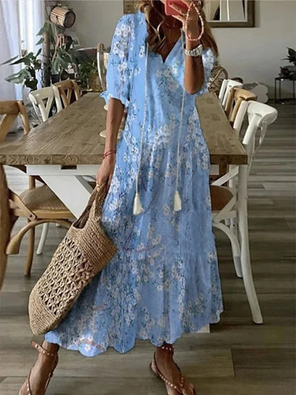 Geometric Print V-Neck Puff Sleeve Tiered Maxi Dress 5