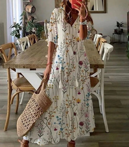 Geometric Print V-Neck Puff Sleeve Tiered Maxi Dress 15