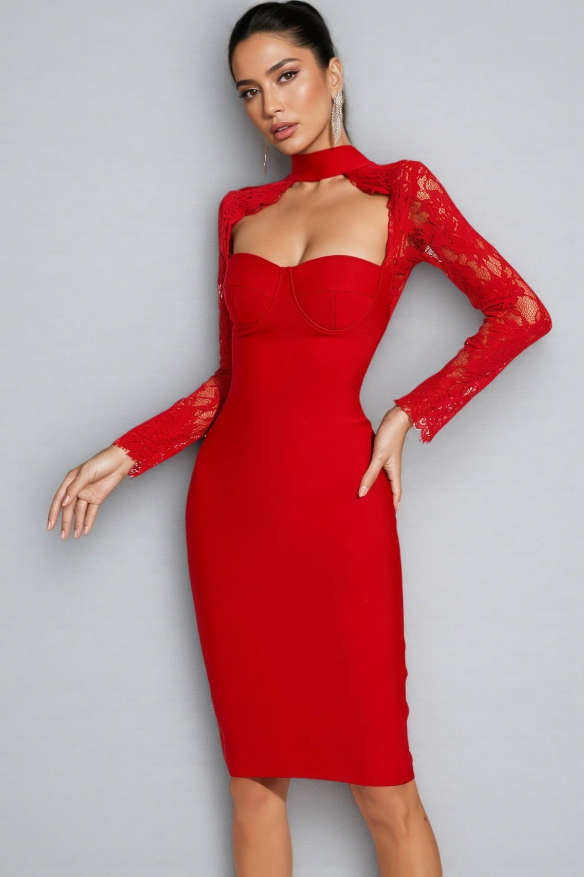 Grece Red Lace Sleeve Bandage Maxi Dress - View 6