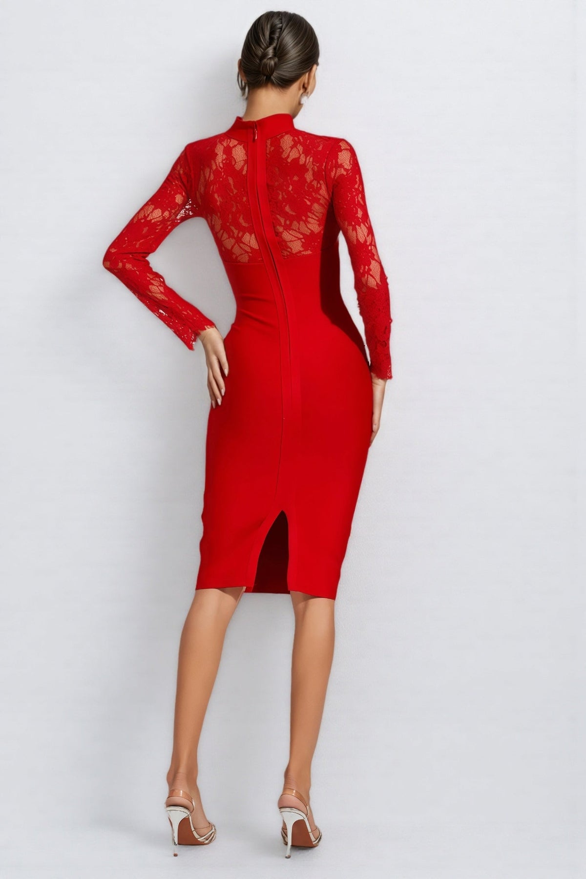Grece Red Lace Sleeve Bandage Maxi Dress - View 7