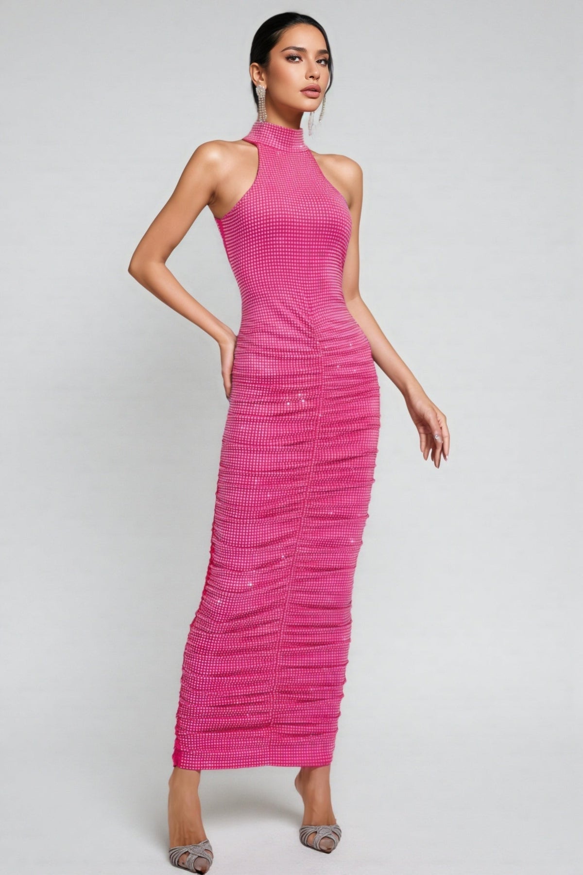 Rhinestone Grid Mock Neck Halter Ruched Seam Bodycon Maxi Gown - View 6