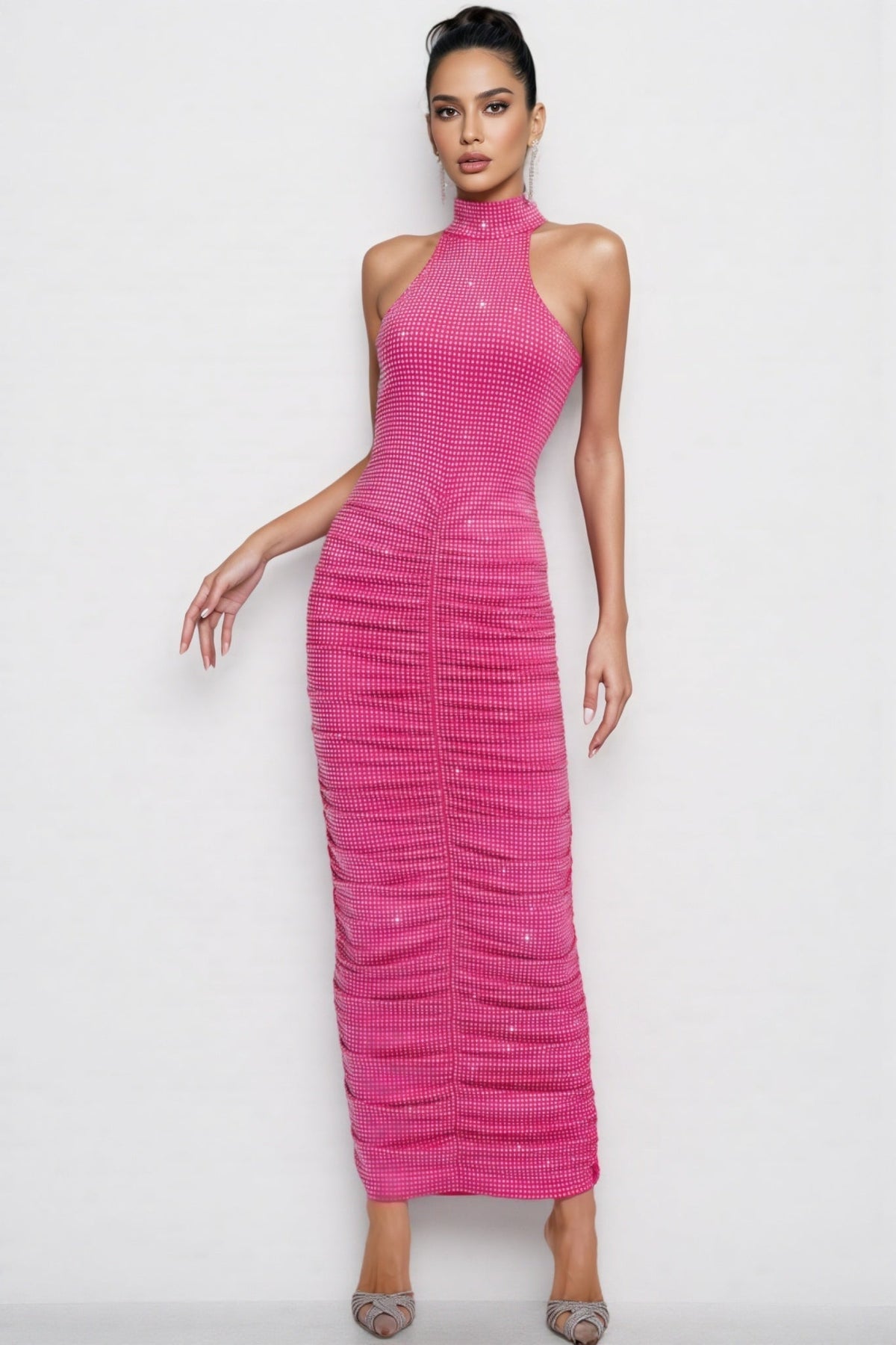 Rhinestone Grid Mock Neck Halter Ruched Seam Bodycon Maxi Gown - View 3