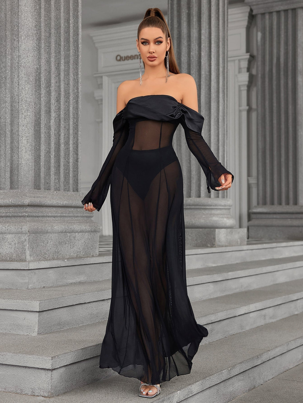 Long Sleeve Off Shoulder Satin Patchwork Mesh Dress - View 5
