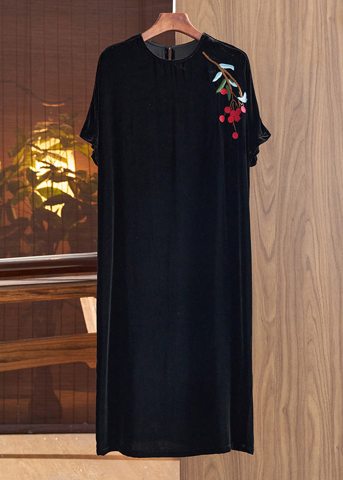 Velvet Floral Branch Embroidery Round Neck Shift Midi Dress - View 2