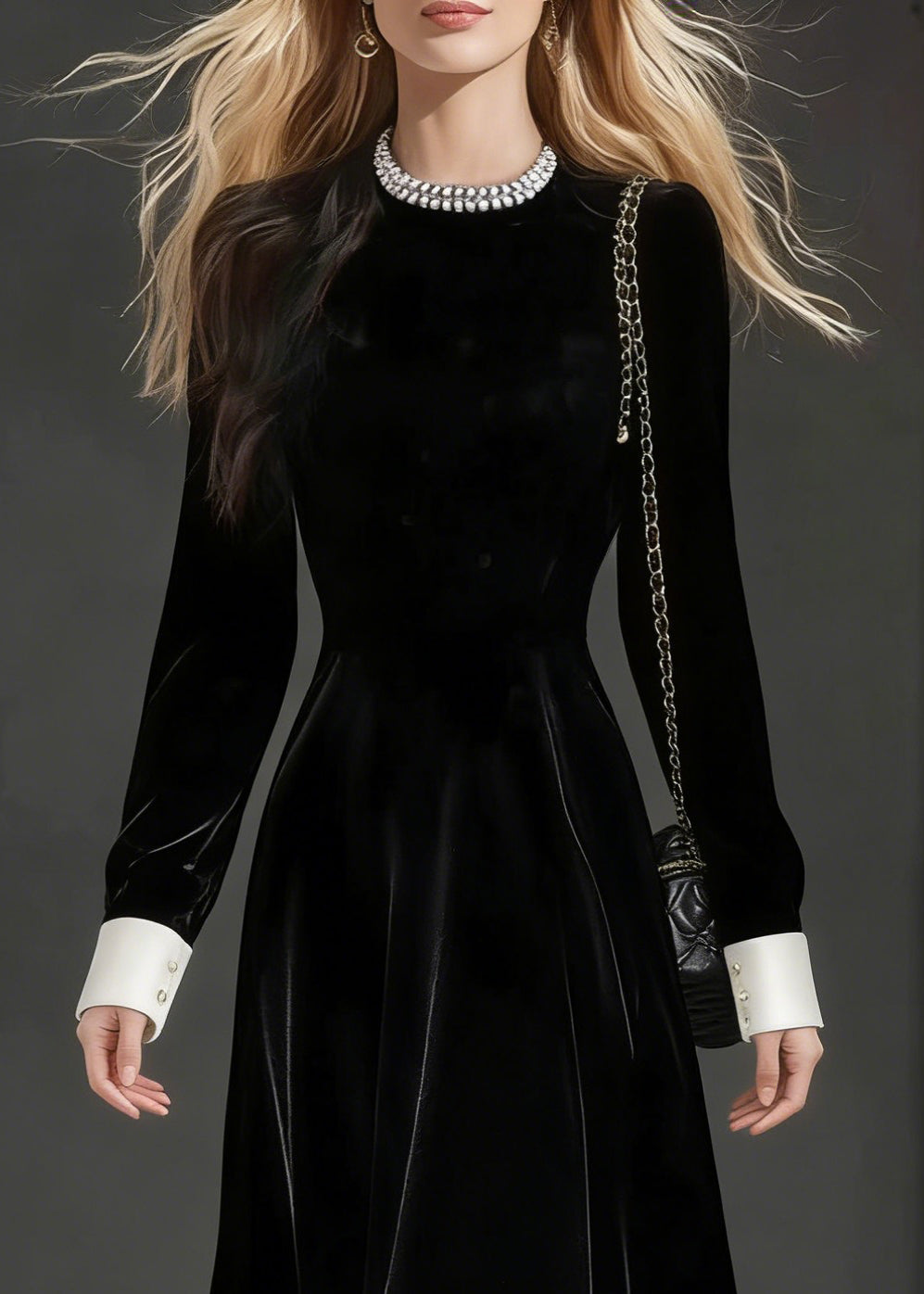 Crew Neck Contrast Cuff Long Sleeve Velvet A-Line Party Dress - View 2