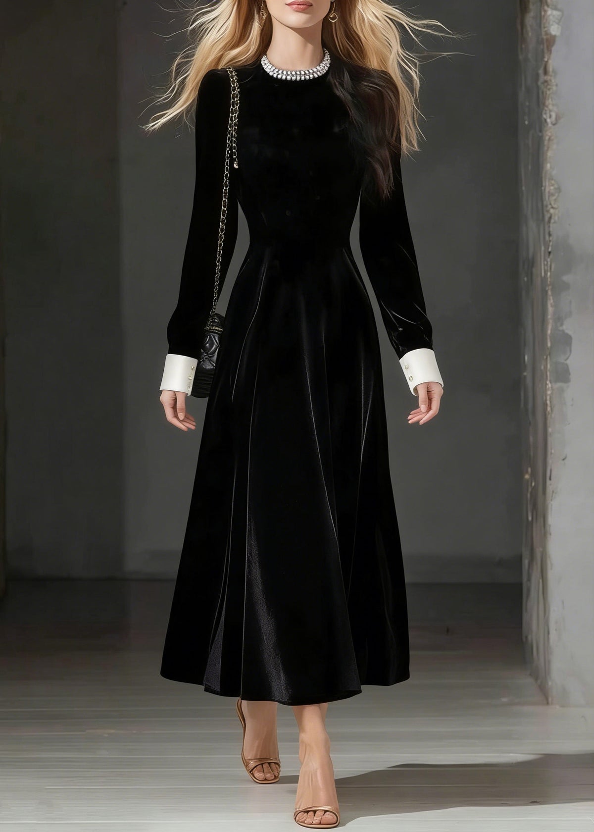 Crew Neck Contrast Cuff Long Sleeve Velvet A-Line Party Dress - View 3