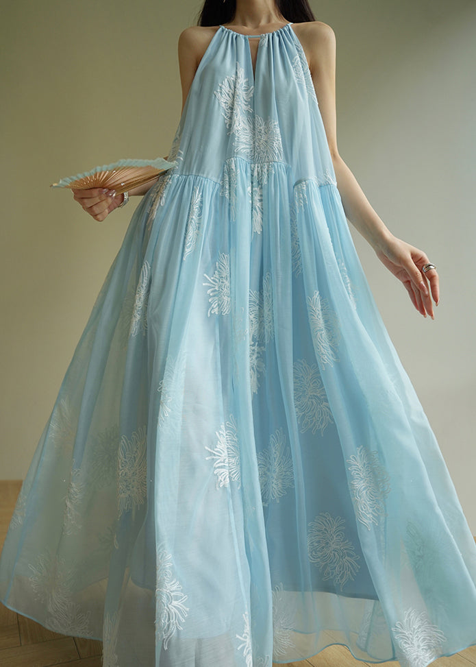 Floral Embroidered Halter Neck Keyhole Gathered Tiered Maxi Dress