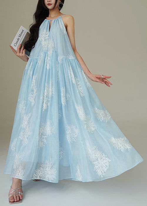 Floral Embroidered Halter Neck Keyhole Gathered Tiered Maxi Dress - View 2