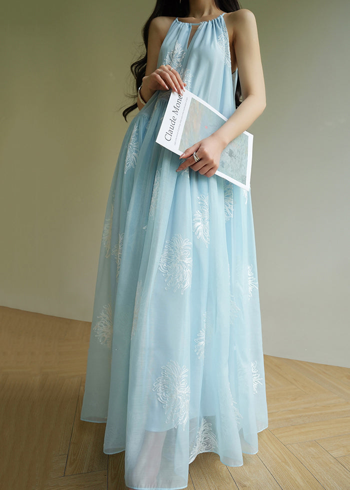 Floral Embroidered Halter Neck Keyhole Gathered Tiered Maxi Dress - View 3